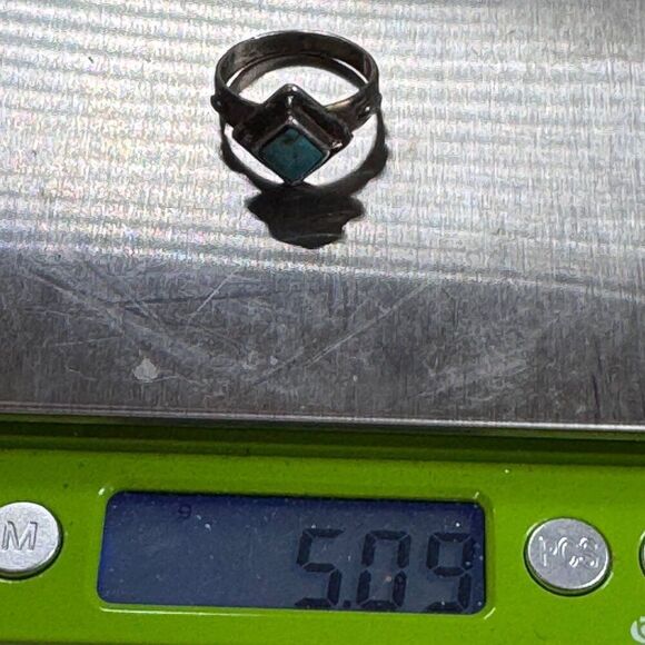 Vtg 7.5 Navajo Ted Ott Signed Sterling Silver Ring Turquoise Accent Diamond Shap - Picture 8 of 8